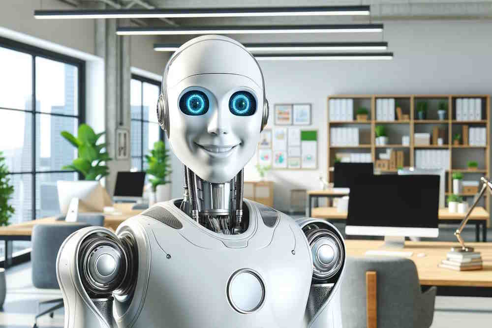 Freundlicher humanoider Roboter im modernen Büro – Symbolbild für KI-Unterstützung in Recruiting und HR-Prozessen